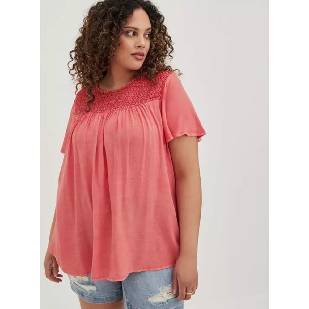Torrid Women's 00 M/L Coral Pink Challis Smocked Detail S/S Flutter Sleeve Top